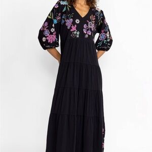 Johnny Was Shilo Black Knit tiered Dress with Colorful Floral Embroidery